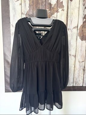 Chiffon Black V-Neck Long Sleeve Mini Dress